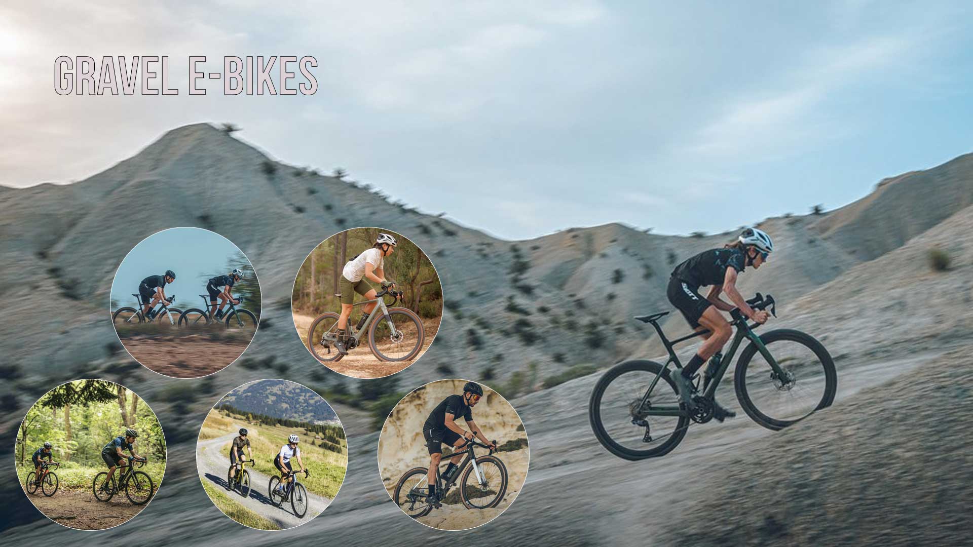 Zu sehen ist eine große Foto-Collage von Personen, die alle Gravelbike fahren.