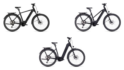 Zu sehen sind drei schwarze Cube Kathmandu Hybrid E-Bikes, jeweils mit einem Diamant-Rahmen, ein Trapez-Rahmen und ein Tiefeinsteiger-Rahmen.
