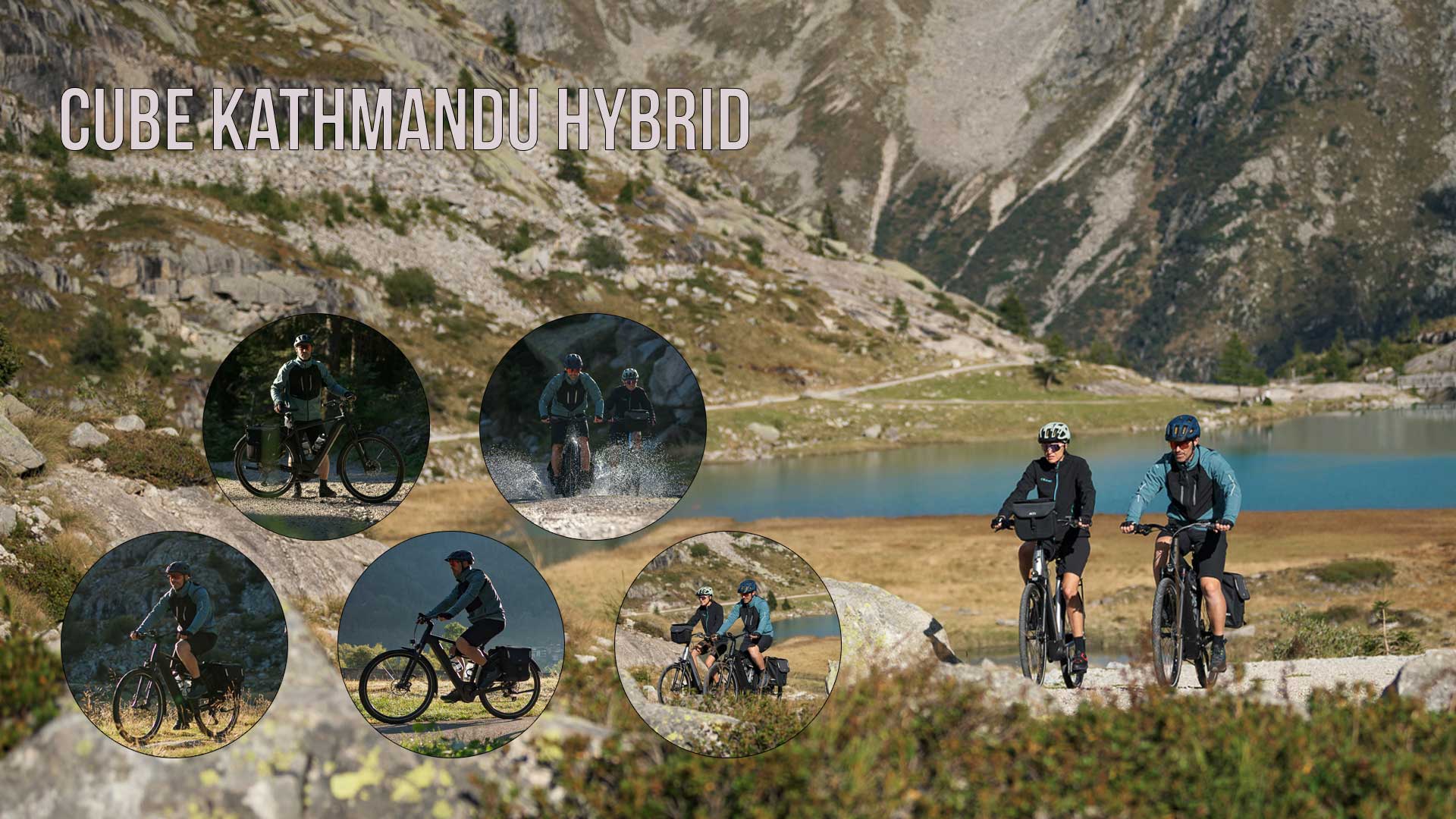 Zu sehen ist eine Bild Collage mit dem Titel Cube Kathmandu Hybrid, darauf sind mehrere Bilder Radfahrer mit dem Cube Kathmandu Hybrid in bergiger Landschaft.